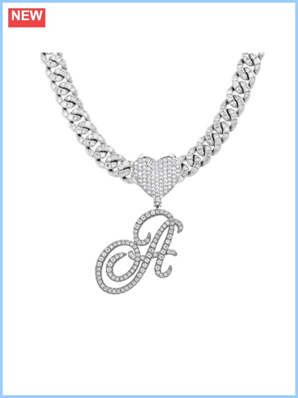 Iced Cuban Link Chain Necklace with Heart Rhinestone Initial Pendant Bling